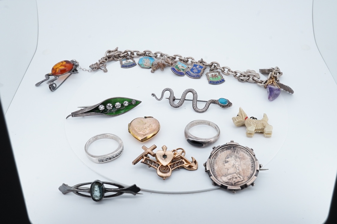 A small group of sterling, white metal and and other jewellery, including a charm bracelet, frog brooch, etc.